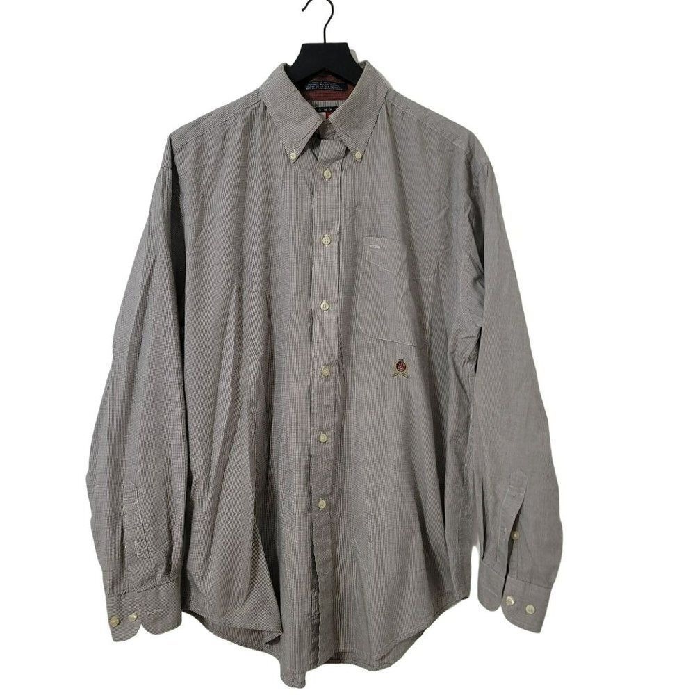 Tommy Hilfiger Mens Medium Long Sleeve Micro Check Button Down Shirt Crest Logo